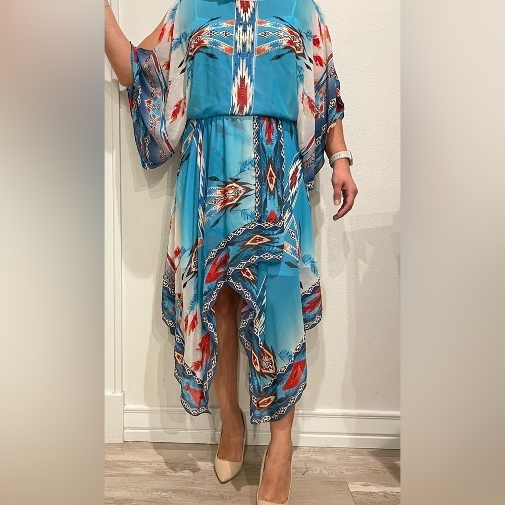 VINTAGE COLLECTIONS  Southwestern Aztec Blue Beaded Handkerchief Dress Size S - Picture 12 of 12